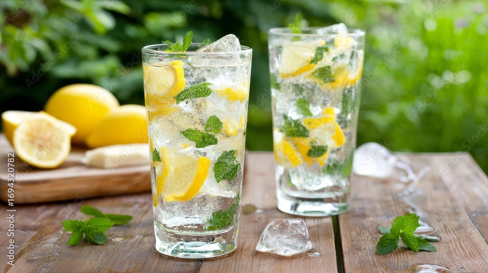 Fototapeta premium Refreshing lemonade with ice cubes, mint leaves, and lemon slices on wooden outdoor table, high-resolution summer lifestyle photo