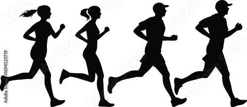Running man and woman silhouettes vector set illustration. Male and female runners figure shapes vector.