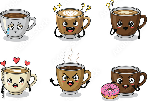 Cute cartoon coffee cups, emotional espresso mugs, funny latte characters, takeaway coffee with faces, kawaii caffeine cups, donut lover, coffee mood