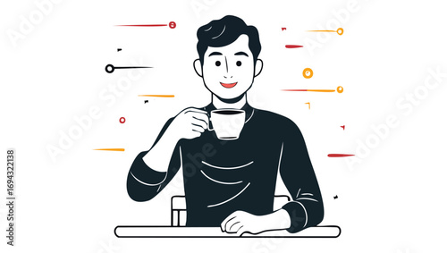 Young man enjoying a relaxing coffee break at a table. Minimalist vector illustration of a person drinking from a mug