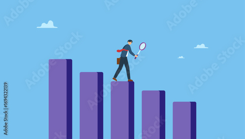 Businessman analyze declining bar graph and chart. Business decline, loss or profit reduction, investment forecast of economic recession, negative return, price drop or financial downturn.