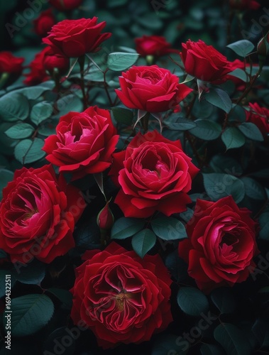 Deep red roses blooming in a lush garden