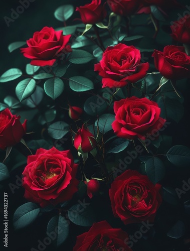 Deep red roses in dark moody lighting
