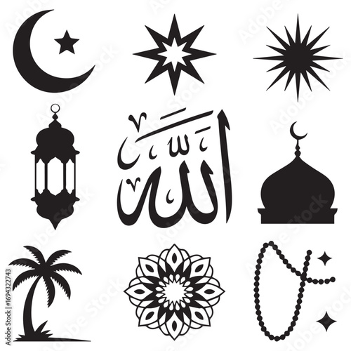 Collection of islamic symbols and icons including crescent moon star lantern mosque arabic calligraphy rosary and palm tree