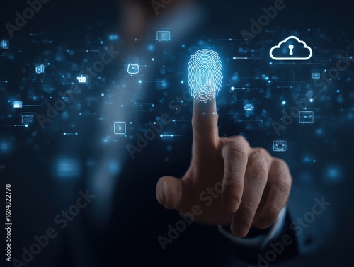 Using fingerprint scanning, the businessman accesses and unlocks the cloud data network. Cyber security and biometric identification protect business transactions from online cyber attacks