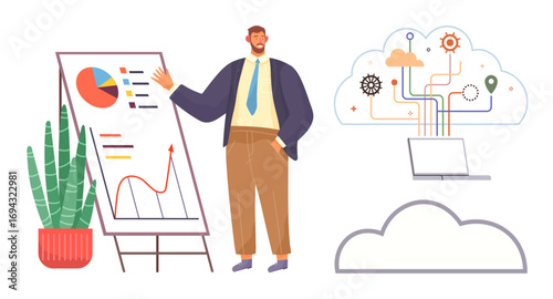 Professional presenting data on a flip chart with graphs and charts, adjacent to cloud computing and data flow icon. Ideal for business, analytics, cloud solutions, data management, innovation