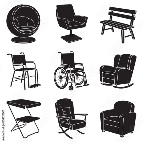 Collection of nine black and white silhouette illustrations of various seating furniture including chairs a wheelchair and a bench