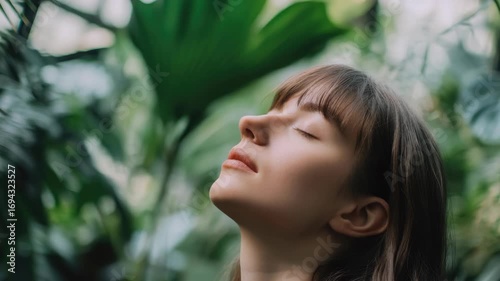 A woman meditating in a tropical forest setting, with closed eyes and serene expression.