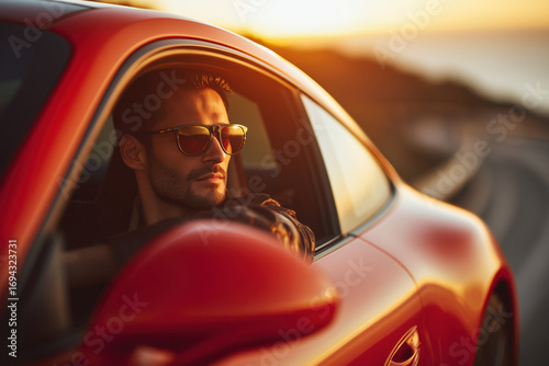 handsome confident man driving a red luxury sportscar on a coastal road, sunglasses, elegant casual outfit, golden hour lighting