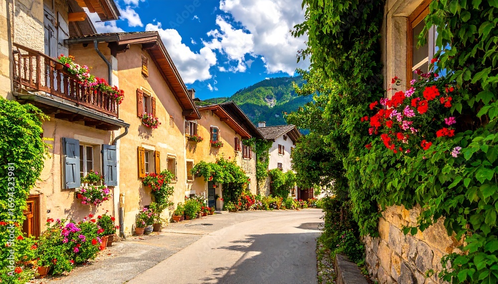 Fototapeta premium A picturesque, flower-lined street winds through a charming European alpine village on a beautiful sunny day
