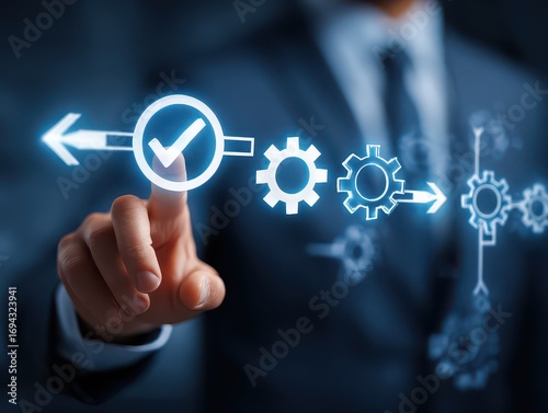 Workflow and flowchart. Business process automation BPA technology. Businessman touching checkmark and gears icon on flowchart.