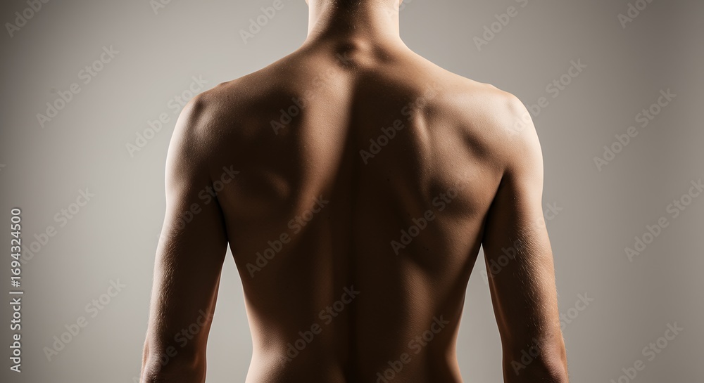 Fototapeta premium Human back view showcasing anatomy details and muscular structure against a neutral backdrop for medical or fitness themes