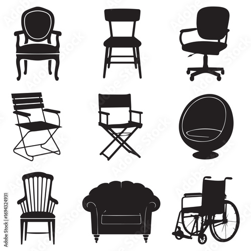 Collection of nine distinct black silhouette chairs and seating furniture items arranged in a grid on a white background