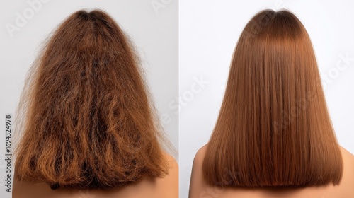 a realistic side-by-side comparison of the back of a woman's head with shoulder-length hair, left side showing dry frizzy tangled hair, right side showing smooth, healthy, 