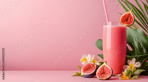 Tall glass of pink smoothie with a pink straw. the glass is filled with a smoothie and has a slice of fresh fig on the rim. next to the glass, there are two whole figs and a few white orchid flowers.