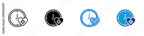 Free Download Health Schedule Multiple Style Icon Design Vector - Clock with a medical heart symbol, representing scheduled health check or appointment time - GFXLoad