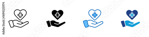Health Support Multiple Style Icon Design Vector - Hand holding a heart with medical cross representing care, health service, and wellbeing