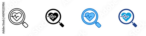 Health Search Multiple Style Icon Design Vector - Magnifying glass over a heart with pulse, representing health research or medical information search