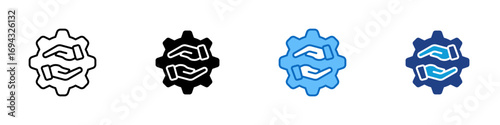 Technical Support Multiple Style Icon Design Vector - Two hands facing each other inside a gear, symbolizing technical assistance, cooperation, and reliable support system