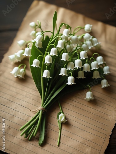 Delicate lily of the valley flowers tied with twine on rustic paper