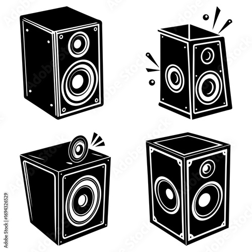 Four black and white speaker illustrations with different perspectives and sound wave representations shown