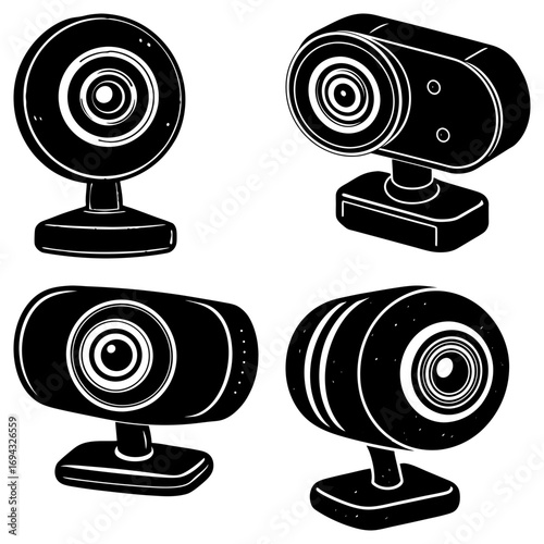 A monochrome illustration showcasing four distinct webcam designs against a white background in vector format