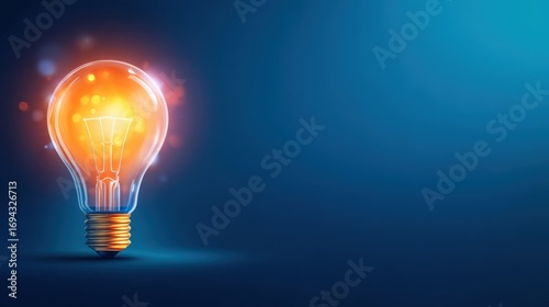 Bright Light Bulb Glowing with Warm Colors on Blue Background