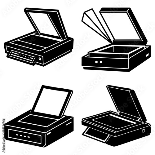 Four black and white illustrations of open scanners in different positions and orientations on a white background
