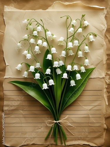 Delicate lily of the valley flowers tied with twine on vintage paper