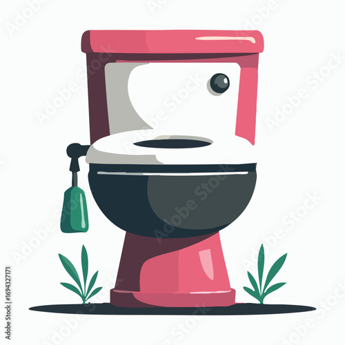 Vector illustration of a cartoon toilet bowl with a cup of coffee and a spoon, a strange design symbol for a bathroom