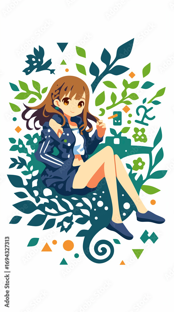 Fototapeta premium 物思いにふける女の子、イラスト、パッチワーク