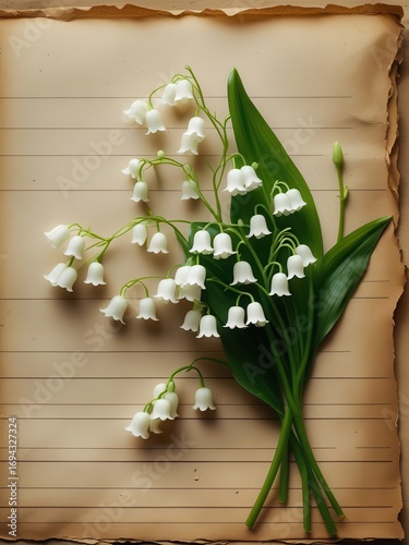 Delicate lily of the valley flowers on aged parchment