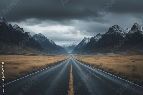 Long empty road through dramatic mountain landscape under stormy skies