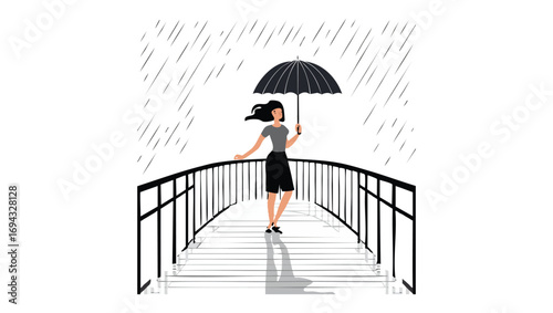 Elegant woman walking across a bridge holding an umbrella during a rainy day, depicted in a stylish illustration