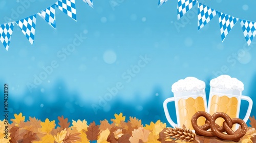 Bavarian oktoberfest celebration background with beer and pretzel
