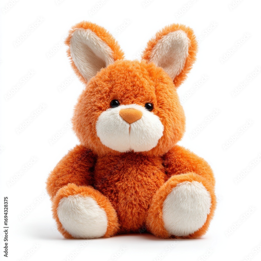 Fototapeta premium Fluffy orange plush bunny toy with big ears and white accents sitting against a white background