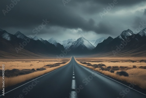 Endless road through dramatic mountain landscape under stormy skies