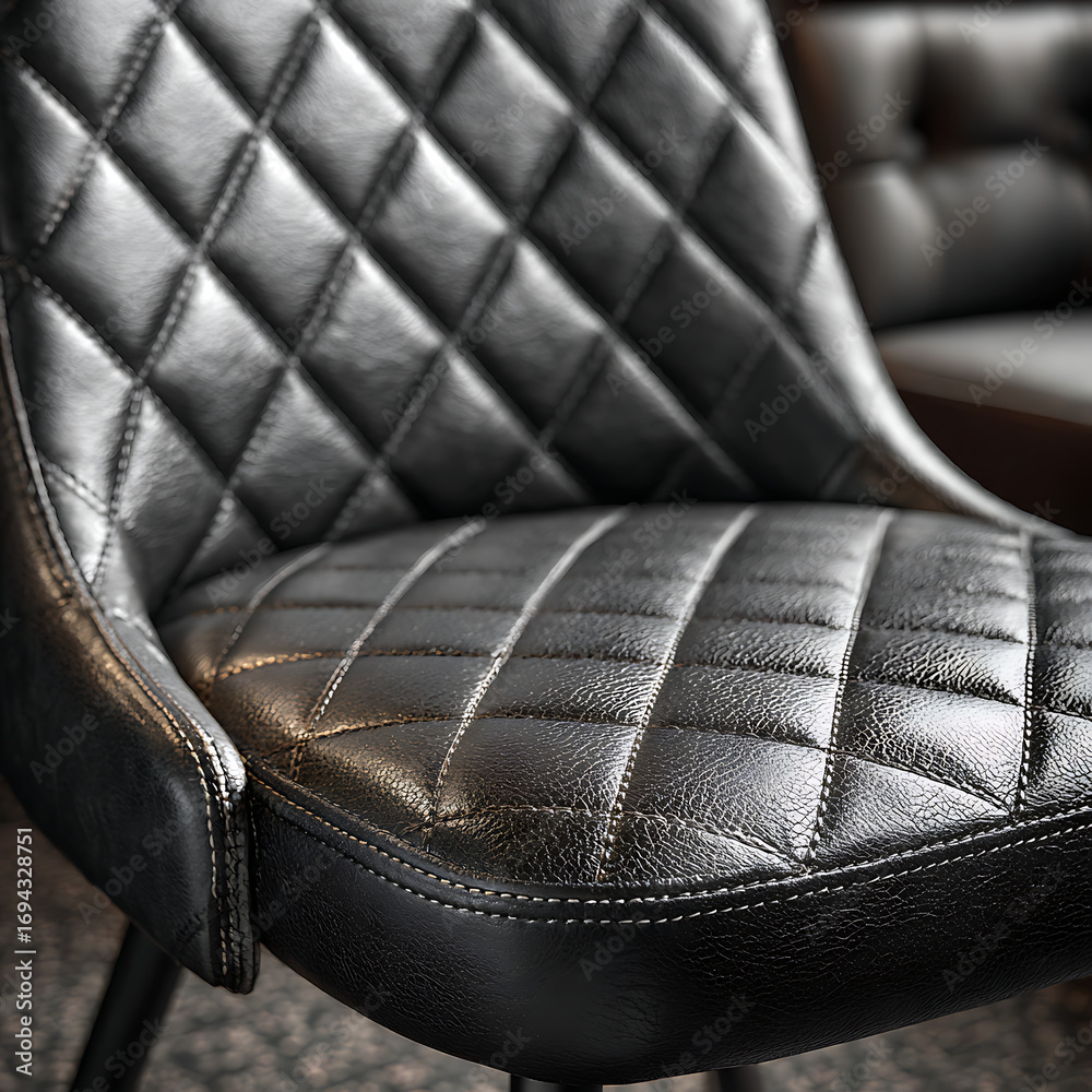 Fototapeta premium Luxurious close-up of a dark leather chair featuring exquisite diamond-patterned quilting and meticulous stitching, highlighting sophisticated texture and comfort. 