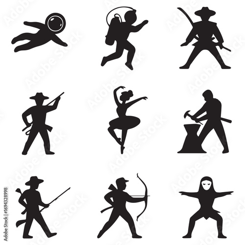 Silhouette collection of diverse figures including an astronaut dancer cowboy blacksmith and archer in dynamic poses