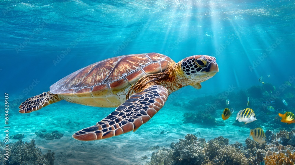 Fototapeta premium Sea turtle swimming in the ocean with coral reef and tropical fish