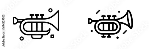 Set of two trumpet icons in a minimalist line art style representing brass musical instruments for jazz or classical orchestra themes