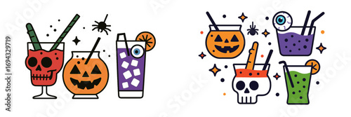 Spooky Halloween cocktail sticker collection with skull glass, jack-o'-lantern mug, and eyeball garnish for a festive party celebration