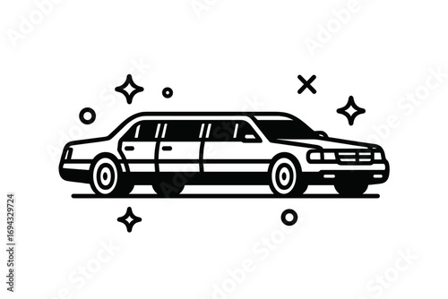 Minimalist black and white limousine icon representing luxury transportation, special event services, and VIP travel on a clean white background