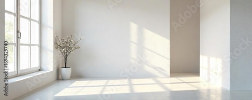 Serene whitewashed interior with soft natural light streaming through a window, minimalist decor, calm atmosphere, peaceful vibe , style, soft
