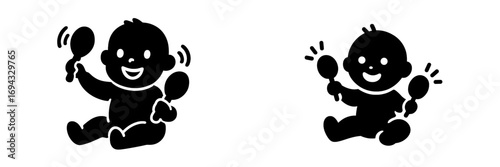 Black and white icon set of a happy baby sitting and playing with maracas, a simple glyph for childhood and music