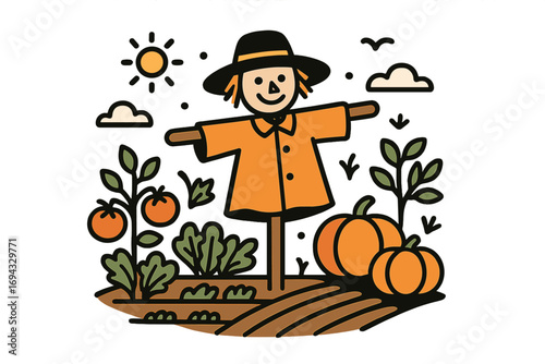 Friendly scarecrow in a vegetable garden with pumpkins and tomatoes during a sunny autumn harvest day on the farm