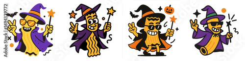 Set of cartoon pasta characters in wizard costumes for Halloween with magic wands and hats isolated on white background
