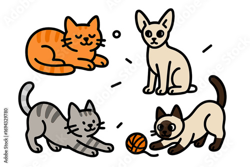 Collection of cute cartoon cat characters including tabby, sphynx, and siamese breeds in various playful and sleeping poses