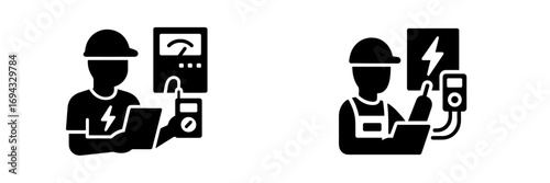 Electrician glyph icons set for electrical maintenance and power system testing with a technician using a multimeter on a panel