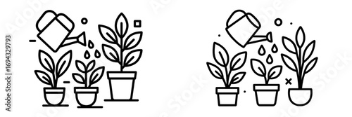 Set of black and white line icons showing a watering can and potted plants symbolizing gardening, growth, and plant care